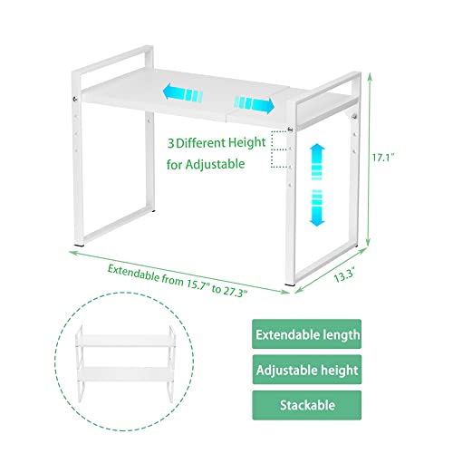 Redrubbit 2 Tier Extendable Microwave Oven Rack, Heavy Duty Steel Metal Shelf Adjustable Height Home Office Pantry Shelf Space for Kitchen Counter Organization, White