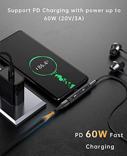 USB C to 3.5mm Headphone and Charger Adapter, 2-in-1 USB Type C to AUX Mic Jack Dongle Cable with PD 60W Fast Charging Compatible with Samsung Galaxy S20 S21+ S22 S23 Ultra,Note 20 10,Pixel,iPad Pro