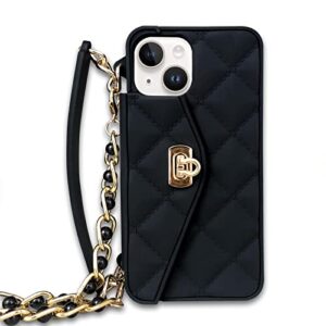 jicekry compatible with iphone 14 crossbody wallet case with strap card holder lanyard neck wrist strap for girls women cute purse handbag case luxury fashion girly protective phone case black