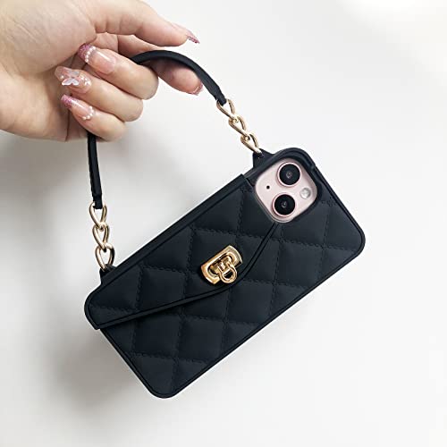 Jicekry Compatible with iPhone 14 Crossbody Wallet Case with Strap Card Holder Lanyard Neck Wrist Strap for Girls Women Cute Purse Handbag Case Luxury Fashion Girly Protective Phone Case Black