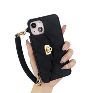 Jicekry Compatible with iPhone 14 Crossbody Wallet Case with Strap Card Holder Lanyard Neck Wrist Strap for Girls Women Cute Purse Handbag Case Luxury Fashion Girly Protective Phone Case Black