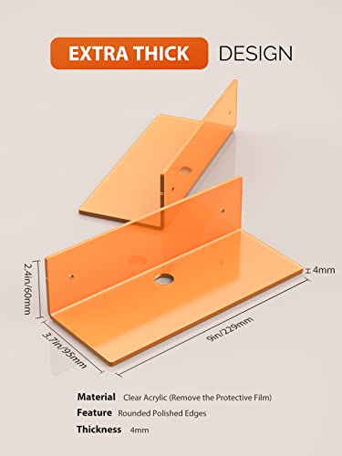 Weronique Floating Shelves Small Acrylic Shelf with 2 Installations Wall Mounted Thicker Display Shelves Set of 2 for Smart Speaker/Action Figures/Security Camera, with Cable Clips, Neon Orange