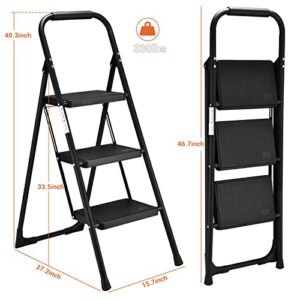 ALPURLAD Step Ladder 3 Stool Folding Stools for Adults with Handgrip & Anti-Slip Sturdy and Wide Pedal 330lbs Stepladder Multi-Use Household Office Foldable Stool, Black