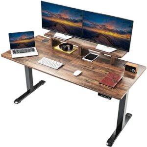 eureka ergonomic electric standing desk,63 inches height adjustable desk,stand up desk with dual motor,computer desk with led lights & double shelves,home office desk with monitor stand,brown wood