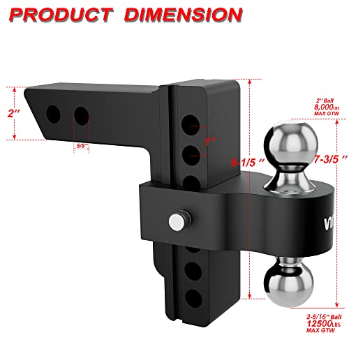 VNN Adjustable Trailer Hitch, Fits 2-Inch Receiver Only, 6-Inch Drop/Rise Aluminum Drop Hitch, 12,500 LBS GTW-Drop Hitch Ball Mount for Heavy Duty Truck, Black