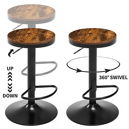 LERYAY Wooden Barstools Bar Stools Set of 2 Height Adjustable Bar Stools Swivel Barstool Industurial Counter Stools with Black Metal Base