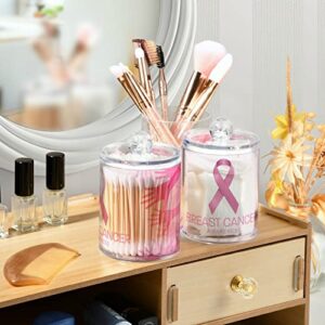 Breast Cancer Awareness 2 Pack 10 OZ Qtip Holder Dispenser for Cotton Ball, Cotton Swab, Cotton Round Pads, Floss, Plastic Apothecary Jar Set for Bathroom Canister Storage Organization, Vanity Makeup Organizer