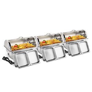 rovsun 3 pack electric 9 qt chafing dishes buffet set,stainless steel roll top catering chafer server food warmer with cover, full size & 2 detachable food pans for party wedding banquet graduation