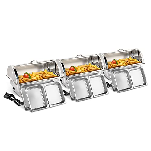 ROVSUN 3 Pack Electric 9 QT Chafing Dishes Buffet Set,Stainless Steel Roll Top Catering Chafer Server Food Warmer with Cover, Full Size & 2 Detachable Food Pans for Party Wedding Banquet Graduation