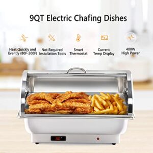 ROVSUN 3 Pack Electric 9 QT Chafing Dishes Buffet Set,Stainless Steel Roll Top Catering Chafer Server Food Warmer with Cover, Full Size & 2 Detachable Food Pans for Party Wedding Banquet Graduation