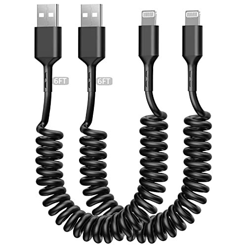 Coiled Lightning Cable for iPhone, 2 Pack [Apple MFi Certified] 6FT USB to Lightning Cord Coil iPhone Charger Cable for Car Compatible with iPhone 14 13 12 11 Pro Max XS XR X 8 7 6 iPad, Black