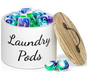 laundry pods container with lid for laundry room decor, wood laundry pods holder dryer sheets fabric softener dispenser, farmhouse laundry room organization and storage