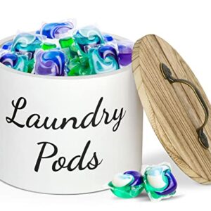 Laundry Pods Container with Lid for Laundry Room Decor, Wood Laundry Pods Holder Dryer Sheets Fabric Softener Dispenser, Farmhouse Laundry Room Organization and Storage