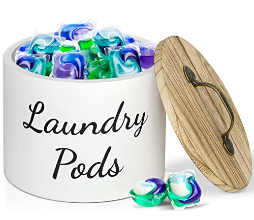 Laundry Pods Container with Lid for Laundry Room Decor, Wood Laundry Pods Holder Dryer Sheets Fabric Softener Dispenser, Farmhouse Laundry Room Organization and Storage