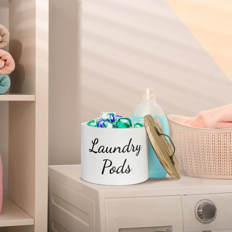 Laundry Pods Container with Lid for Laundry Room Decor, Wood Laundry Pods Holder Dryer Sheets Fabric Softener Dispenser, Farmhouse Laundry Room Organization and Storage
