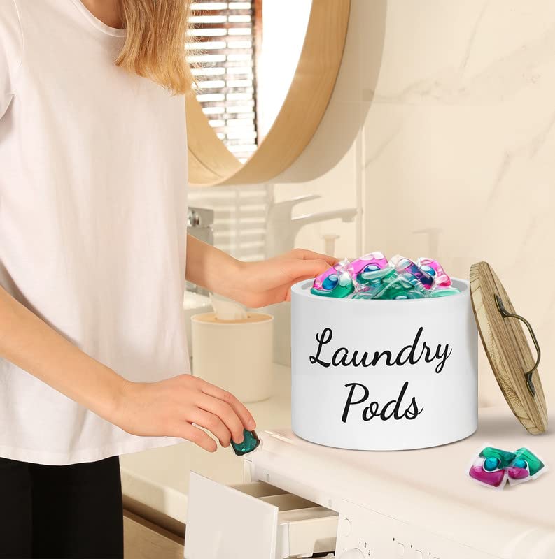 Laundry Pods Container with Lid for Laundry Room Decor, Wood Laundry Pods Holder Dryer Sheets Fabric Softener Dispenser, Farmhouse Laundry Room Organization and Storage