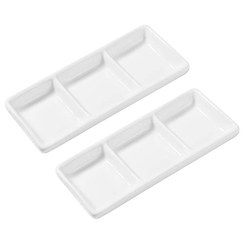 DOITOOL 6 Inch Mini 3 Compartment Appetizer Serving Tray White Ceramic Rectangular Divided Sauce Dishes Chips Dip Sauce Dishes for Dish Soy Sauce 14.8 x 6 x 2 cm