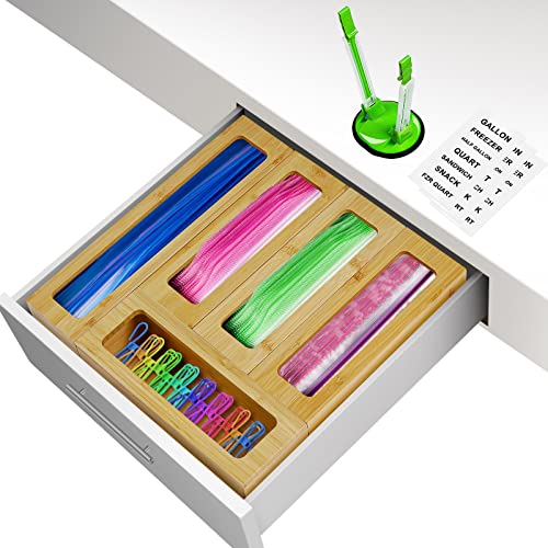 GIAKAN Ziplock Bag Storage Organizer for Drawer, 5 Pack Bamboo Food Baggy Storage Organizer Individual & Baggy Rack Holder for Gallon, Quart, Sandwich, Snack Bags