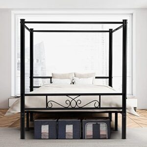 codesfir full size metal canopy bed frame, four-poster canopied platform bed frame with headboard and footboard, sturdy metal slatted structure, no box spring needed, easy assembly, black