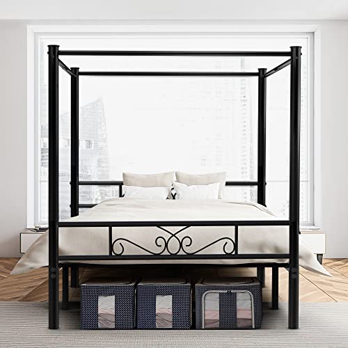 Codesfir Full Size Metal Canopy Bed Frame, Four-Poster Canopied Platform Bed Frame with Headboard and Footboard, Sturdy Metal Slatted Structure, No Box Spring Needed, Easy Assembly, Black