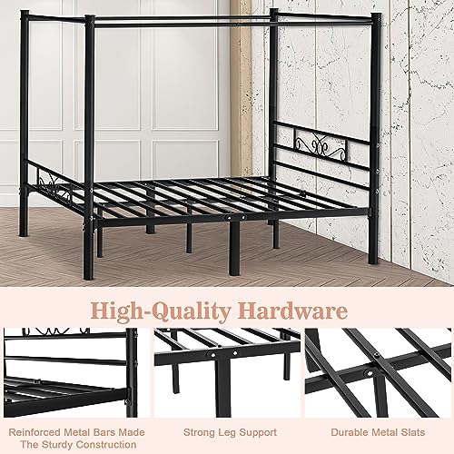 Codesfir Full Size Metal Canopy Bed Frame, Four-Poster Canopied Platform Bed Frame with Headboard and Footboard, Sturdy Metal Slatted Structure, No Box Spring Needed, Easy Assembly, Black