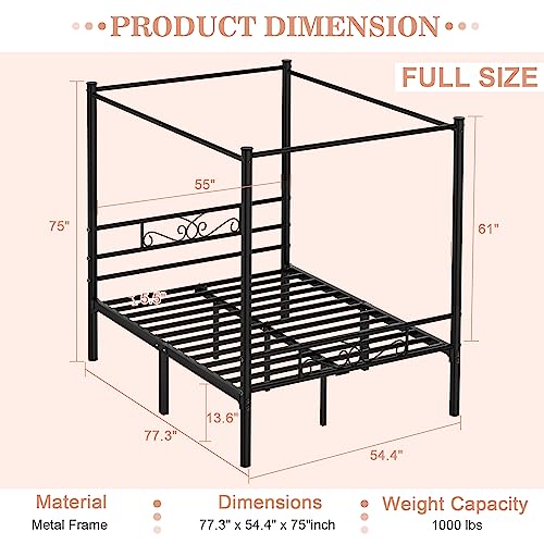 Codesfir Full Size Metal Canopy Bed Frame, Four-Poster Canopied Platform Bed Frame with Headboard and Footboard, Sturdy Metal Slatted Structure, No Box Spring Needed, Easy Assembly, Black