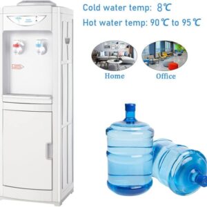 Water Cooler Dispenser 3-5 Gallon Bottles,Top Loading Hot & Cold Water Dispenser, Child Safety Lock Water Cooler for Indoor Home Office Use with Storage Cabinet, White