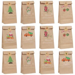 skycase 12 pcs christmas paper bags, party gift candy treat bag 6 patterns with 12 pcs christmas label stickers for outdoor indoor home, school, office xmas party