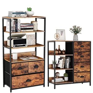 furologee 4-tier storage shelf unit with 3 drawers and fabric dresser with 4 drawers and side shelf for entryway, bedroom, nightstand, office, kitchen (rustic brown)