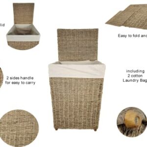 The Acacia Store 100% Natural Rectangular Seagrass Laundry Hamper with 2 100% Cotton Laundry Bags, Foldable with 4 legs made from bamboo and 2 handles, made in Vietnam, 12 x 16 x 24 Inches