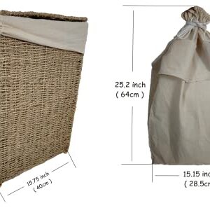 The Acacia Store 100% Natural Rectangular Seagrass Laundry Hamper with 2 100% Cotton Laundry Bags, Foldable with 4 legs made from bamboo and 2 handles, made in Vietnam, 12 x 16 x 24 Inches