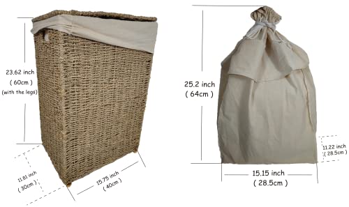 The Acacia Store 100% Natural Rectangular Seagrass Laundry Hamper with 2 100% Cotton Laundry Bags, Foldable with 4 legs made from bamboo and 2 handles, made in Vietnam, 12 x 16 x 24 Inches