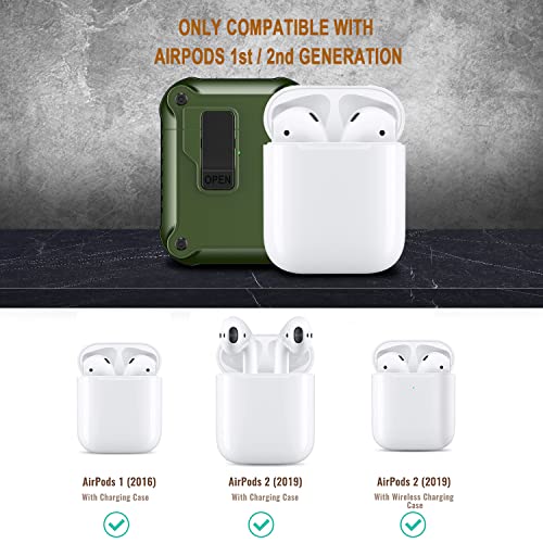 R-fun AirPods 2nd Generation & 1st Generation with Automatic Secure Lock Clip, Hard Shell Full-Body Protective for Women Men with Apple AirPods Wireless Charging Case,Front LED Visible-Black Green