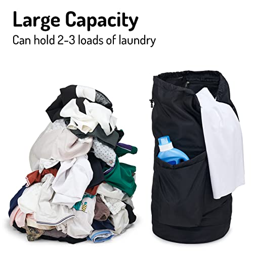Laundry Bag Backpack for College, Large Laundry Bag with Detergent Holder and Adjustable Shoulder Straps, Durable Clothes Travel Laundry Backpack Hamper Bag Dorm Room Essentials (Black)
