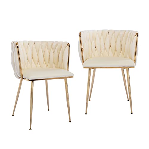 Homtique Dining Chairs Set of 2 Modern Velvet Woven Accent Chair with Gold Metal Legs,Luxury Upholstered Armchair Side Chair for Kitchen Vanity Living Room Bedroom (Cream)