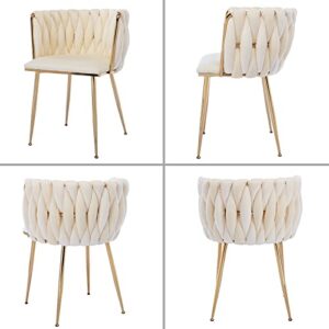 Homtique Dining Chairs Set of 2 Modern Velvet Woven Accent Chair with Gold Metal Legs,Luxury Upholstered Armchair Side Chair for Kitchen Vanity Living Room Bedroom (Cream)