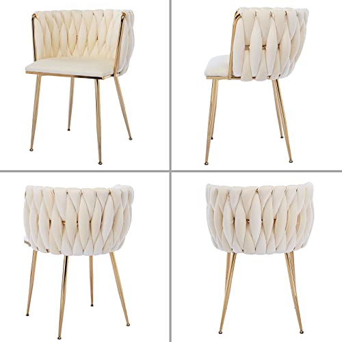 Homtique Dining Chairs Set of 2 Modern Velvet Woven Accent Chair with Gold Metal Legs,Luxury Upholstered Armchair Side Chair for Kitchen Vanity Living Room Bedroom (Cream)