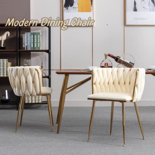 Homtique Dining Chairs Set of 2 Modern Velvet Woven Accent Chair with Gold Metal Legs,Luxury Upholstered Armchair Side Chair for Kitchen Vanity Living Room Bedroom (Cream)