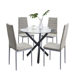 paonne round dining table set for 4, round glass kitchen table and chairs for 4, 5-pieces table with chair set