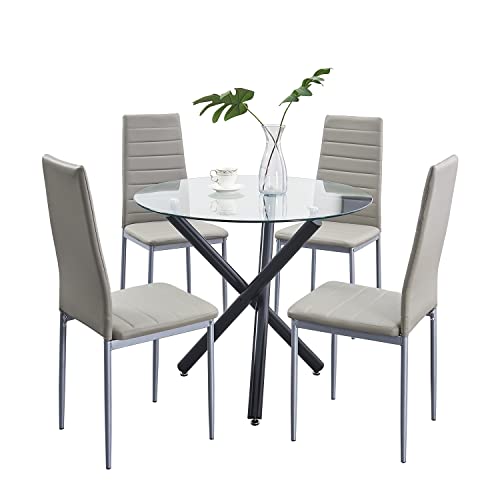 paonne Round Dining Table Set for 4, Round Glass Kitchen Table and Chairs for 4, 5-Pieces Table with Chair Set