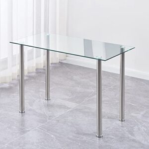 clear glass dining table 45.3" * 23.6" * 29.5", rectangular kitchen table with tempered glass tabletop and chrome legs, clear glass kitchen table for restaurant, apartment and small space