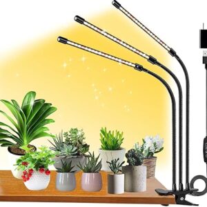 FRGROW Grow Lights for Indoor Plants, LED Plant Grow Lights, 3000k/5000k/660nm Full Spectrum Plant Growing Lamps, Clip on Plant Lamp with White Red LEDs, Timer Setting, 10-Level Dimmable(3-Head)