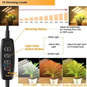 FRGROW Grow Lights for Indoor Plants, LED Plant Grow Lights, 3000k/5000k/660nm Full Spectrum Plant Growing Lamps, Clip on Plant Lamp with White Red LEDs, Timer Setting, 10-Level Dimmable(3-Head)