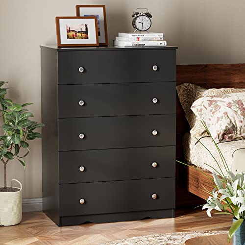 YESHOMY Modern Dresser with 5 Drawers, Wide Chest Storage Tower and Clothes Organizer Unit for Bedroom, Living Room, Hallway, Dormitory, Black