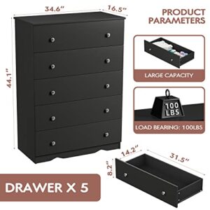 YESHOMY Modern Dresser with 5 Drawers, Wide Chest Storage Tower and Clothes Organizer Unit for Bedroom, Living Room, Hallway, Dormitory, Black