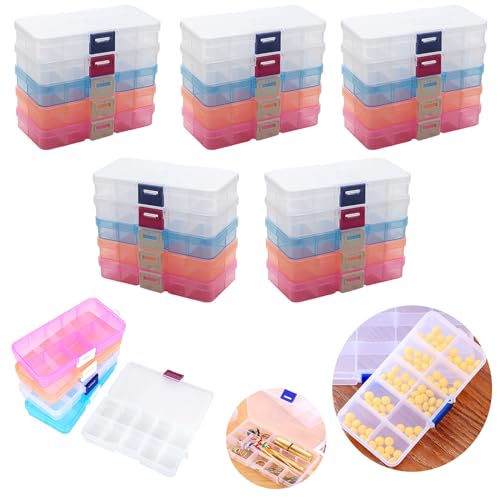 Acrux7 30 Pack 10 Grids Plastic Organizer Box with Dividers, 5 x 2.5 Inch Small Clear Bead Storage Containers, Small Plastic Tackle Boxes, Stackable Jewelry Boxes for Beads, Buttons, Earrings