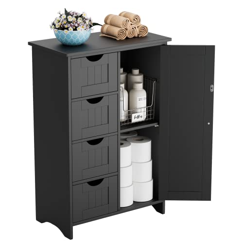 YESHOMY Bathroom Storage Cabinet, Side Free Standing Organizer with Large Space and Adjustable Shelves, Home Office Furniture for Multifunction in Living Room, Hallway, Kitchen, Bedroom, Black