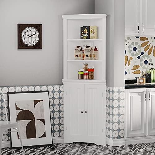 YESHOMY Corner Cabinet Shelves, Side Free Standing Storage Organizer with Large Space and Two Doors, Home Furniture for Multifunction in Living Room, Bathroom, Hallway, Kitchen, Bedroom, White