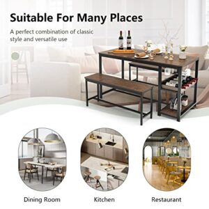 COSTWAY 3-Piece Dining Table Set for 4, Rustic Pub Dining Table with 2 Benches, 2 Storage Shelves and Glass Holder, Breakfast Kitchen Table and Chairs Set for Small Space Kitchen Restaurant Bar