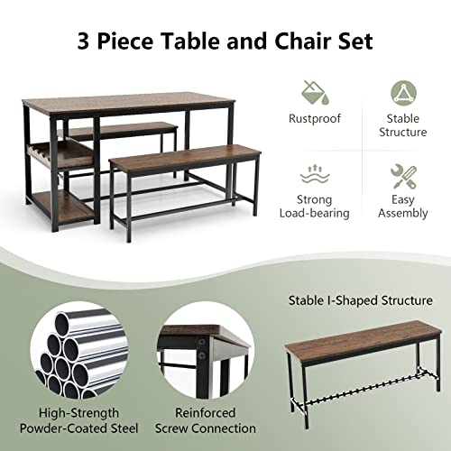 COSTWAY 3-Piece Dining Table Set for 4, Rustic Pub Dining Table with 2 Benches, 2 Storage Shelves and Glass Holder, Breakfast Kitchen Table and Chairs Set for Small Space Kitchen Restaurant Bar